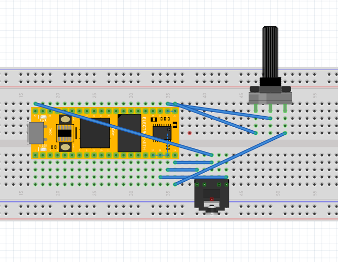 a screenshot of a breadboard showing daisy linking to a potentiometer